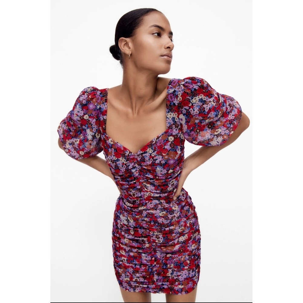 Zara Floral Ruched Mini Dress Red Purple Puff Sleeve Sweetheart Neck XL NWT